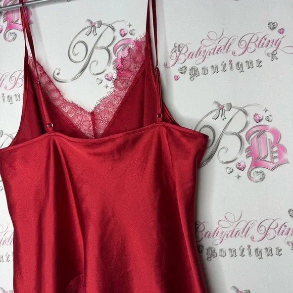 Victoria secret tank top lacie shimmer shiny silky Red Satin Lace Trim Cami Top - Picture 7 of 10